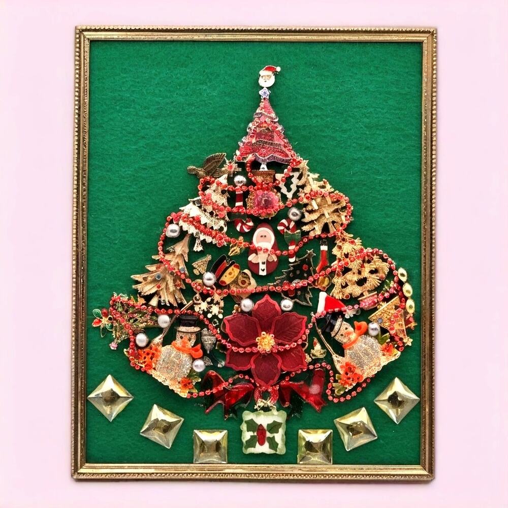 Vintage 1965 Jewelry Christmas Tree Art Framed Handmade Rhinestone Collage OOAK